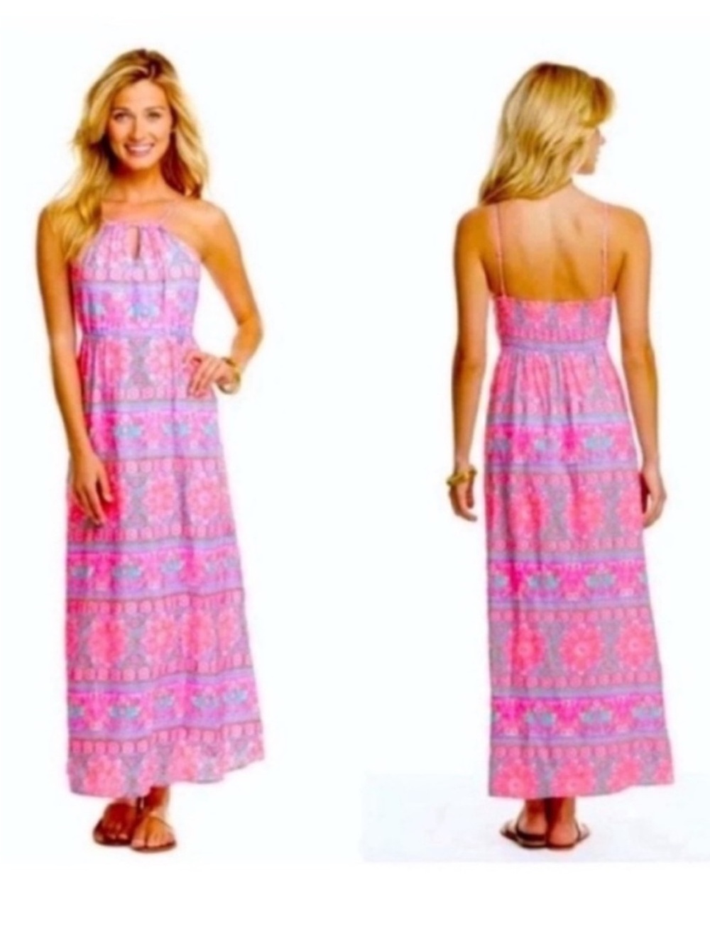 Vineyard Vines Women’s Pink Patterned Halter Linen Blend Maxi Dress Size 2